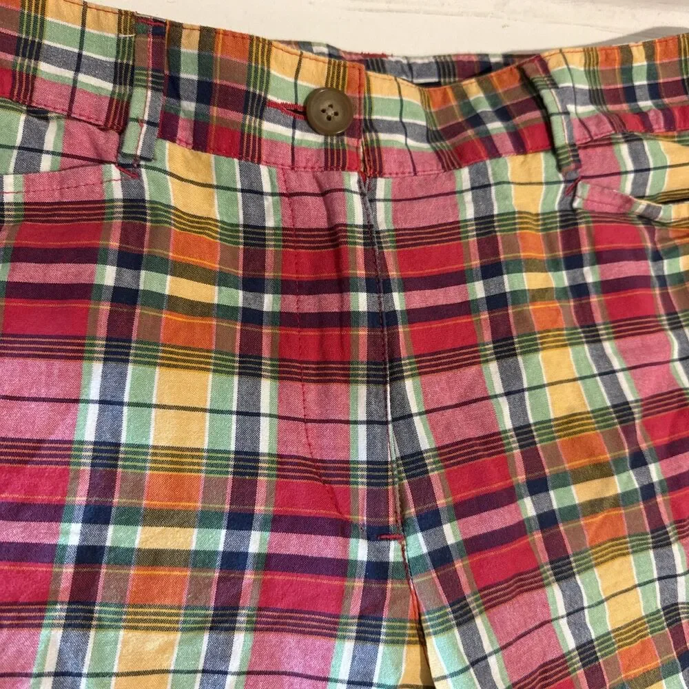 Lands End Shorts 12 Fit 2 Red Plaid Madras Bermuda Mid Rise Flat Front Preppy